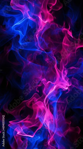Abstract background of fiery flames of purple and blue swirling in dance. Smoke particles. Electrical lightning discharge. Concept of modern art. Nightclub. Vertical banner. Vertical banner