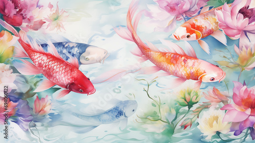 Illustration of koi carps, golden fish background