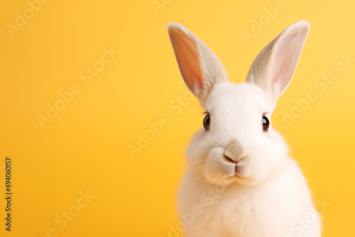 Close up view on a white rabbit on a light yellow background. Easter concept © Darya Lavinskaya