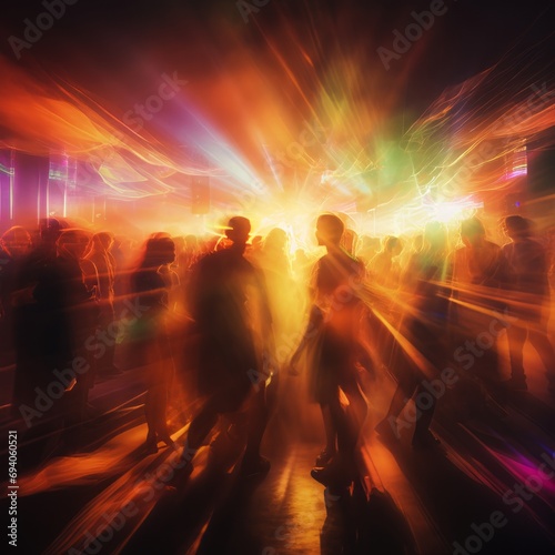 People at a concert in smoke raising their hands. Blurred background and movements. Energetic music party. Live music and fun. Concept of celebration, lively crowd, madness © stateronz