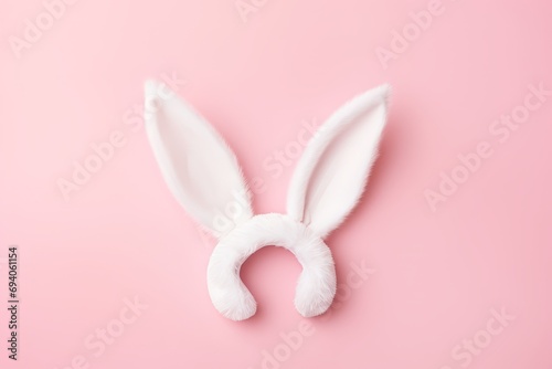 White rabbit ears headband on a light pink background. Easter concept
