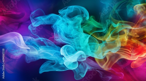 Abstract neon multicolored background of smoke particles colliding with each other in slow motion. Dynamic explosion of colors. Relaxation in the Hookah. Presentation. Horizontal banner