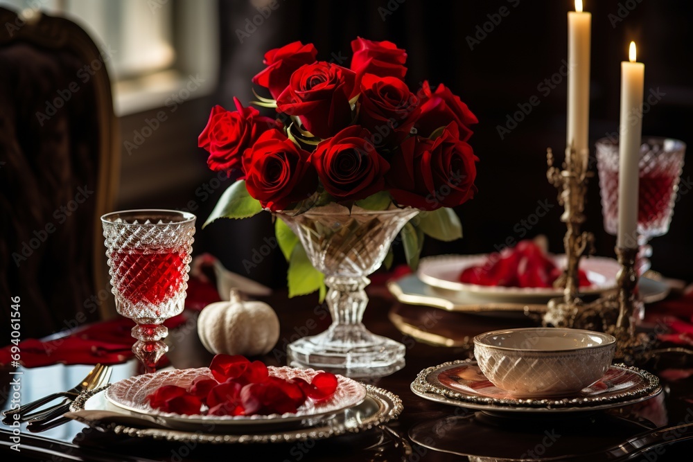 An elegant Valentine's Day table setup with fine china, crystal glasses, and a centerpiece of red roses