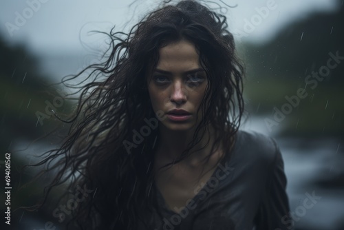 Intense portrait of a woman in rain, her expression a blend of resilience and raw emotion against the elements.