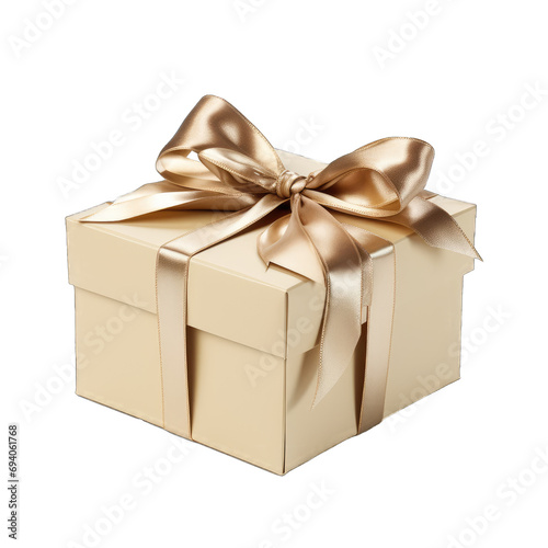 Gift beige box with gold ribbon and bow isolated on white background. Gift wrapping