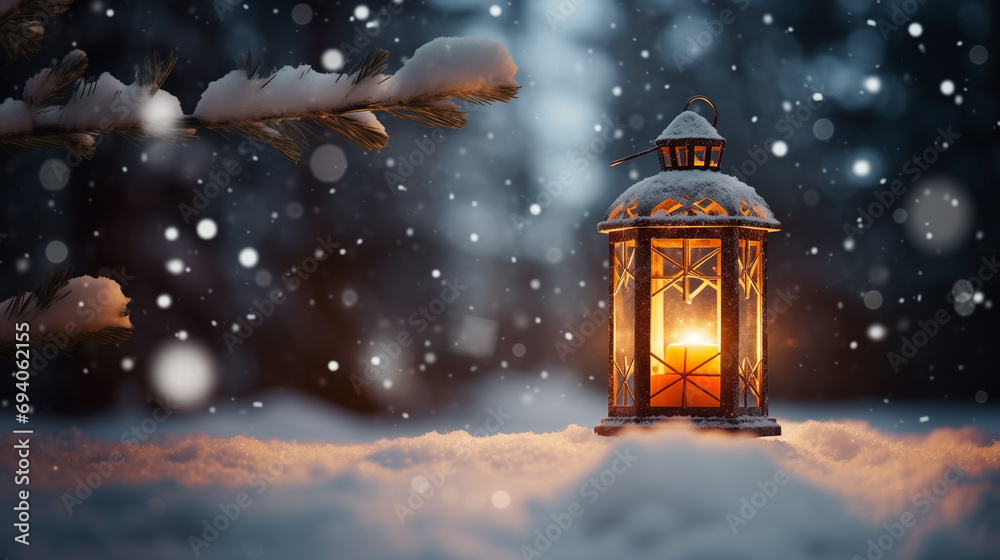 Winter landscape. A shoe trodden path leads to a wooden hut on a meadow covered with snow. New Year's lanterns illuminate the house in the evening. Yellow garlands. Mystical night. Forests Winter landscape. A shoe trodden path leads to a wooden hut on a meadow covered with snow. New Year's lanterns illuminate the house in the evening. Yellow garlands. Mystical night. Forests