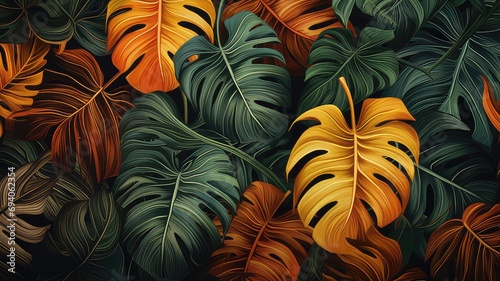 Botanical Elegance Illustrative Desktop Wallpaper of Tropical Leaves © Didikidiw61447