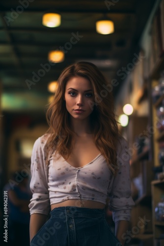 Wallpaper Mural Confident young woman in a bustling city setting, her focused gaze contrasting with the soft lights of the urban evening.

 Torontodigital.ca