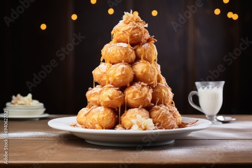 French dessert croquembouche on the table photo