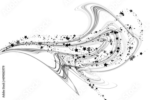 Confetti stars and pencil strokes. The stars fly along the trajectory of the lines. Black, white colors. Festive background. Vector illustration