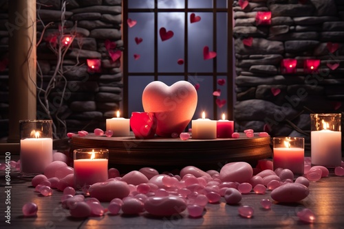 Valentine's Day spa concept with a heart-shaped hot stone massage setup, surrounded by aromatic candles photo