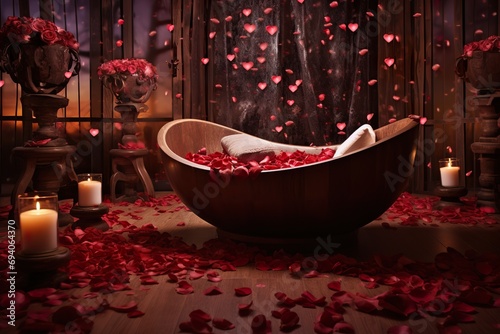 Valentine's Day spa concept with a heart-shaped hot stone massage setup, surrounded by aromatic candles