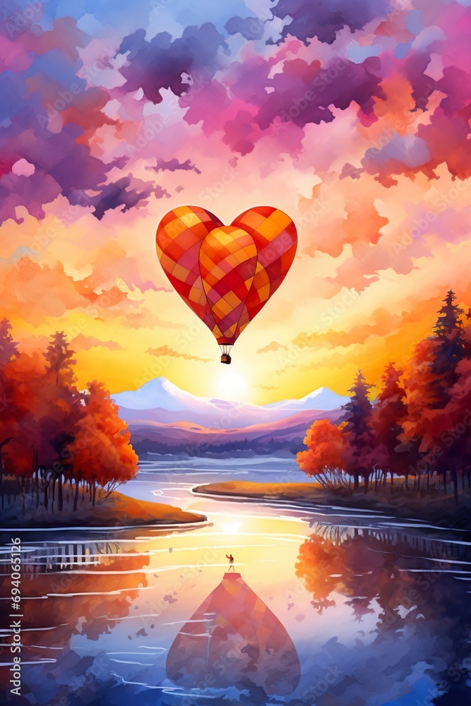 Fototapeta premium Watercolor scene of a couple's romantic hot air balloon ride over a heart-shaped lake at sunset