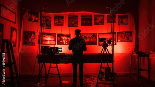 Photographer developing photo in red room light wallpaper background photo