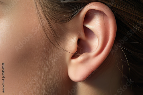 Close-up of female ear and the ear's details. Hearing problems and diseases. photo