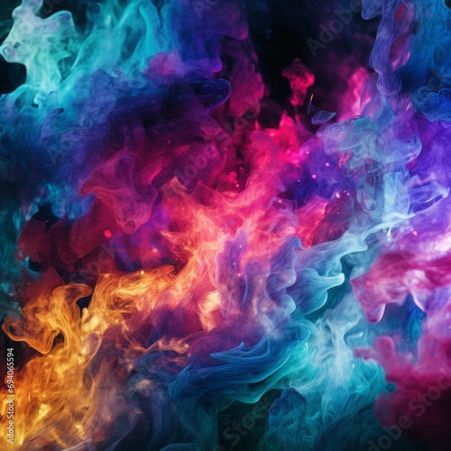 Abstract neon multicolored background of smoke particles colliding with each other in slow motion. Dynamic explosion of colors. Relaxation in the Hookah. Presentation