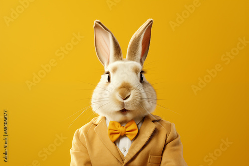 Close up view on a white rabbit in suit and bowtie on a yellow background. Easter concept photo