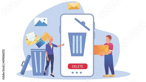 People Clean up Smartphone From Trash Files Design Animation. Delete unnecessary Document and useless archive. Animated Cartoon Character with mobile phone  photo