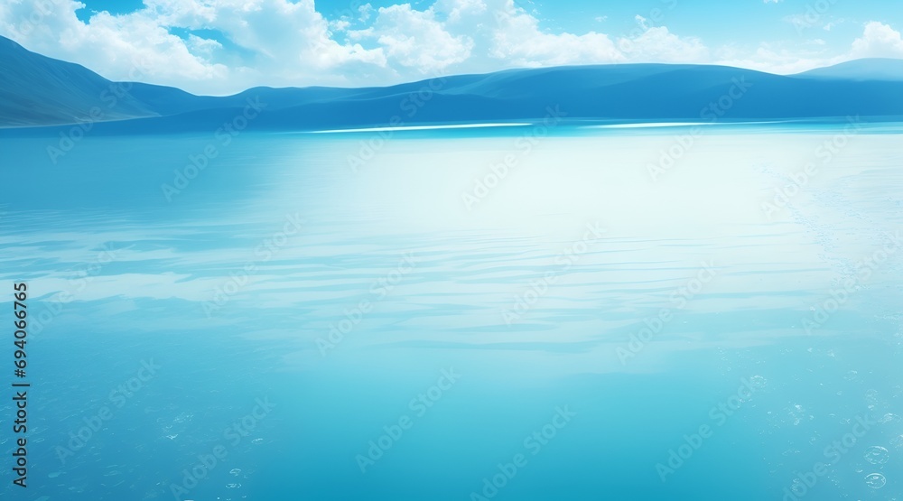 Summer panorama banner with blurred aqua mint liquid, splashing bubbles, and room for writing. Backdrop with sunlit sea waves. Tranquil Seashore: Beauty in Nature on a Calm Beach