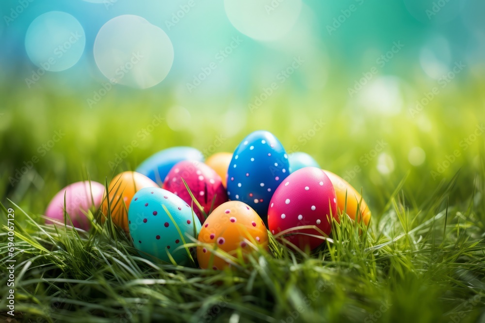 Heap of colorful dotted easter eggs in perfect green grass Heap of colorful dotted easter eggs in perfect green grass