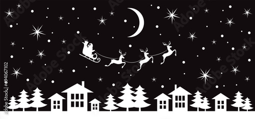 Christmas and new year reindeer with santa claus on a sleign. Moon, snowflakes, houses and christmas trees background. Vector illustration.