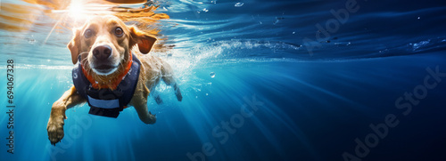 Smiling Rescue Dog swimming underwater in special suit, Portrait with bright expression of dog's face, Joyful pet, people in water, safe active sports, safety equipment, Ultra-wide banner photo