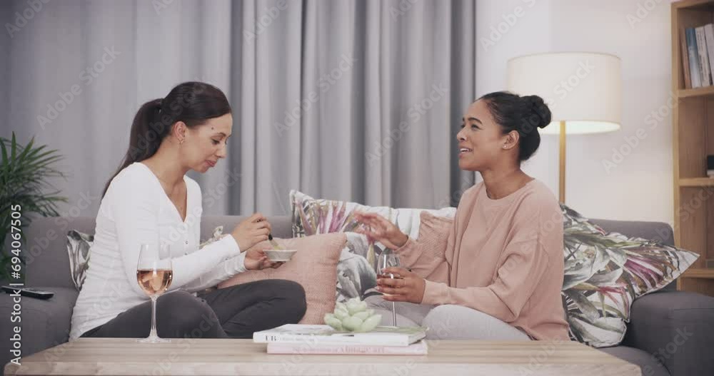 Women friends, relax with wine on sofa and happy conversation for sleepover, prepare face mask and gossip. Funny people laughing on couch, drink or alcohol with skincare at night for facial at home Women friends, relax with wine on sofa and happy conversation for sleepover, prepare face mask and gossip. Funny people laughing on couch, drink or alcohol with skincare at night for facial at home