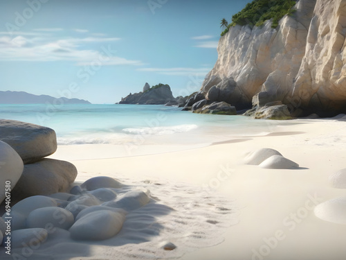 AI generated serenade of the Seashore: White Sand Beach with Gentle Waves and Tranquil Rocks