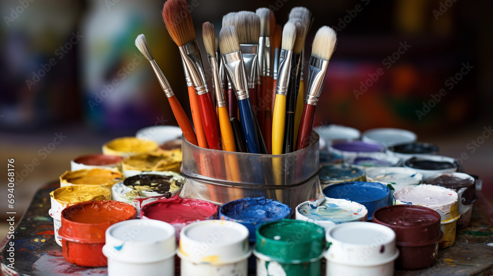 Paintbrushes and tubs of paint Paintbrushes and tubs of paint