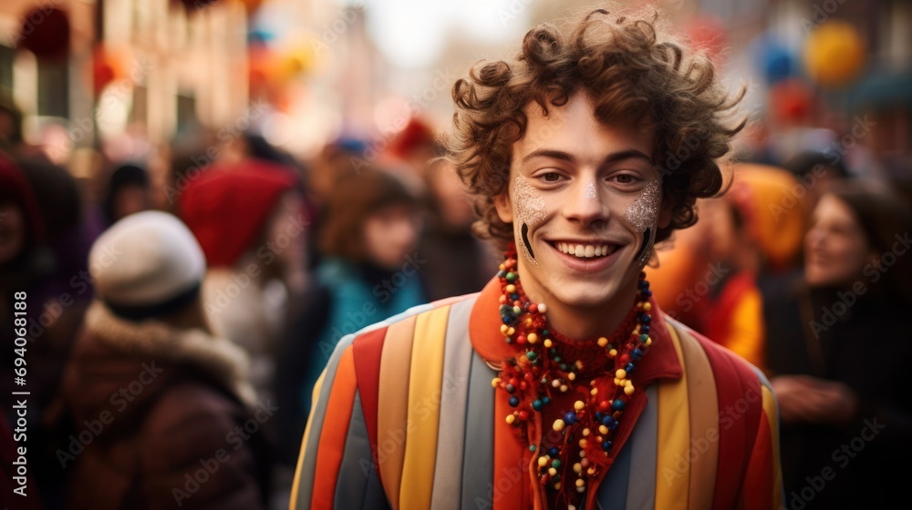 Colorful harlequin at the street carnival.