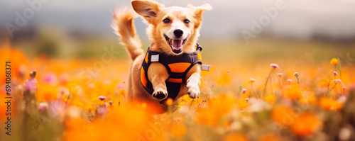 Smiling Corgi Rescue Dog standing among flowers and grass on a forest edge in a special costume, Portrait with bright expression on dog's face, Joyful pet, Ultra-wide banner