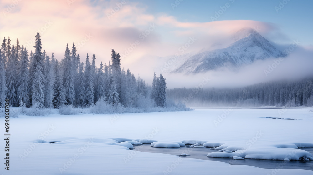 A serene winter landscape with snow-covered trees and mountains A serene winter landscape with snow-covered trees and mountains
