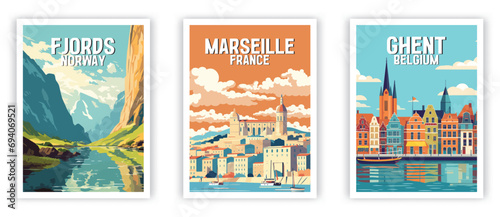 Ghent, Marseille, Fjords Illustration Art. Travel Poster Wall Art. Minimalist Vector art.