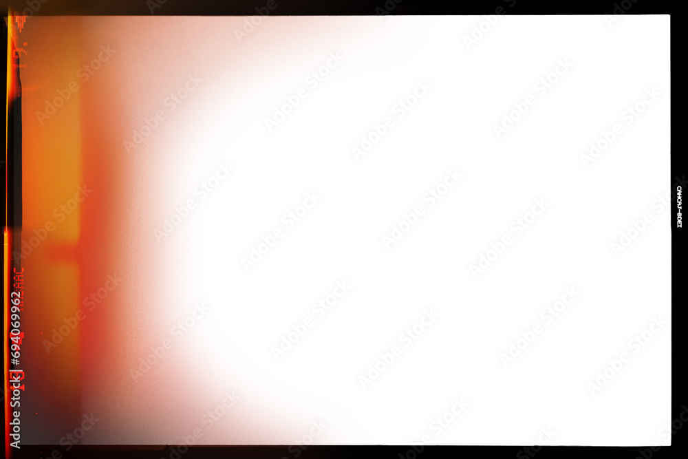 Retro photo film frame template with red glare on transparent background. Template for design, vintage film effects, and light leak