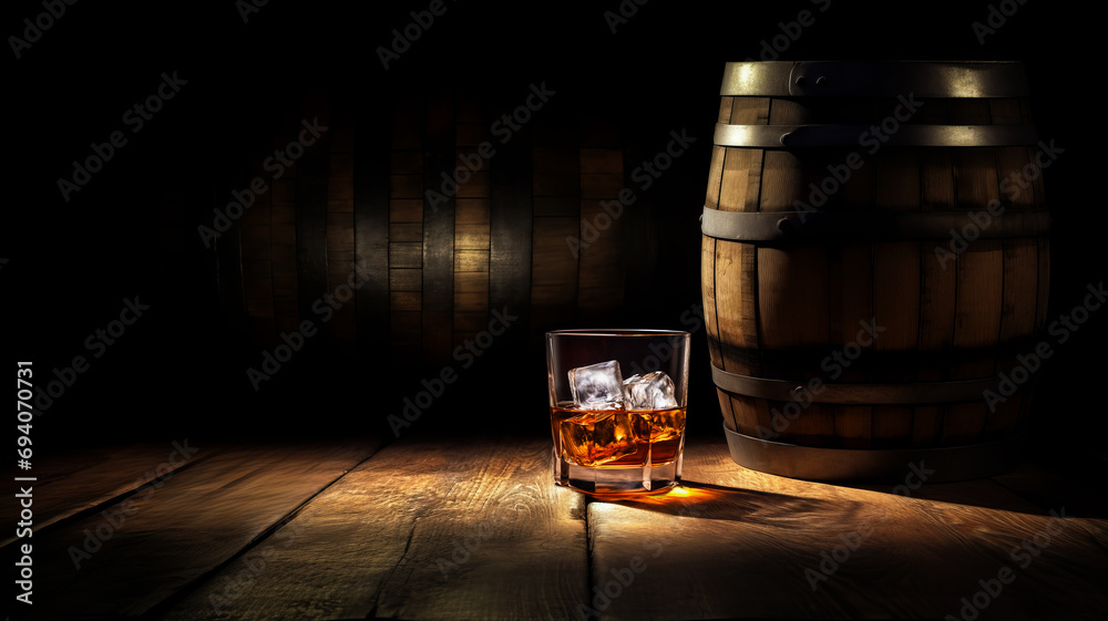Glass of drink with a strong drink with ice on the background of an oak barrel with alcohol.