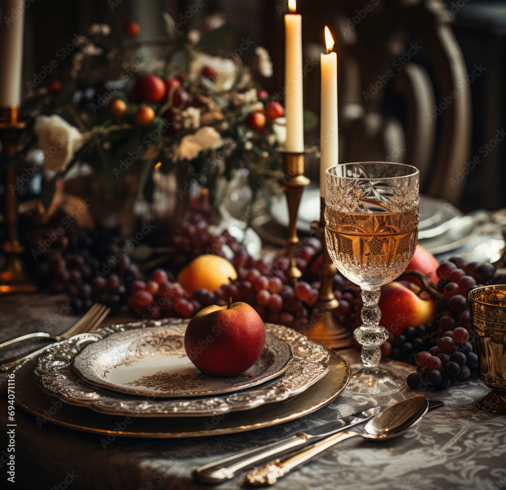 Dinner table set for celebrating Christmas or New Year eve.