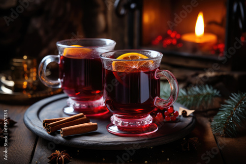 Hot beverages, tea or mulled white wine served on the table. Christmas celebration concept.