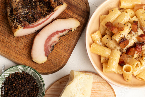 Traditional Italian pasta alla gricia. With guanciale and pecorino.
