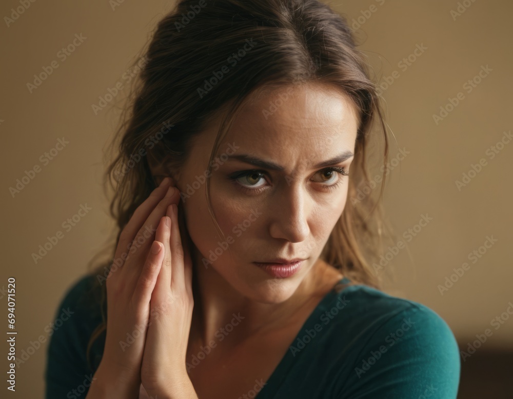 Portrait of a tired woman resting her face on her hands, expressing fatigue and stress. Portrait of a tired woman resting her face on her hands, expressing fatigue and stress.