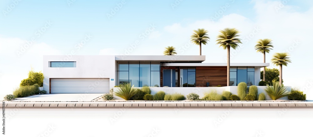 Large, personalized house on a stretched, rectangular property.
