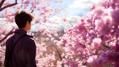 A young man admires the sakura blossom in the park, copy space for the concept of treating spring allergies to pollen, a banner about taking care of health and living a full life
