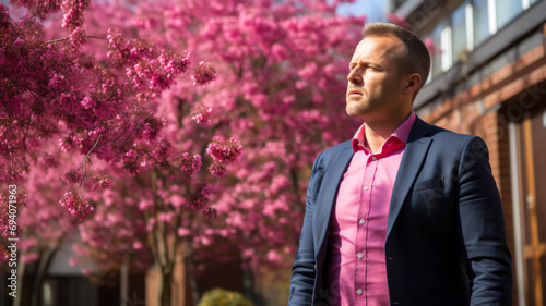 An adult man in a suit against the backdrop of cherry blossoms, a medicine for the treatment of spring allergies or hay fever, an advertisement for remedies that alleviate the course of the disease photo