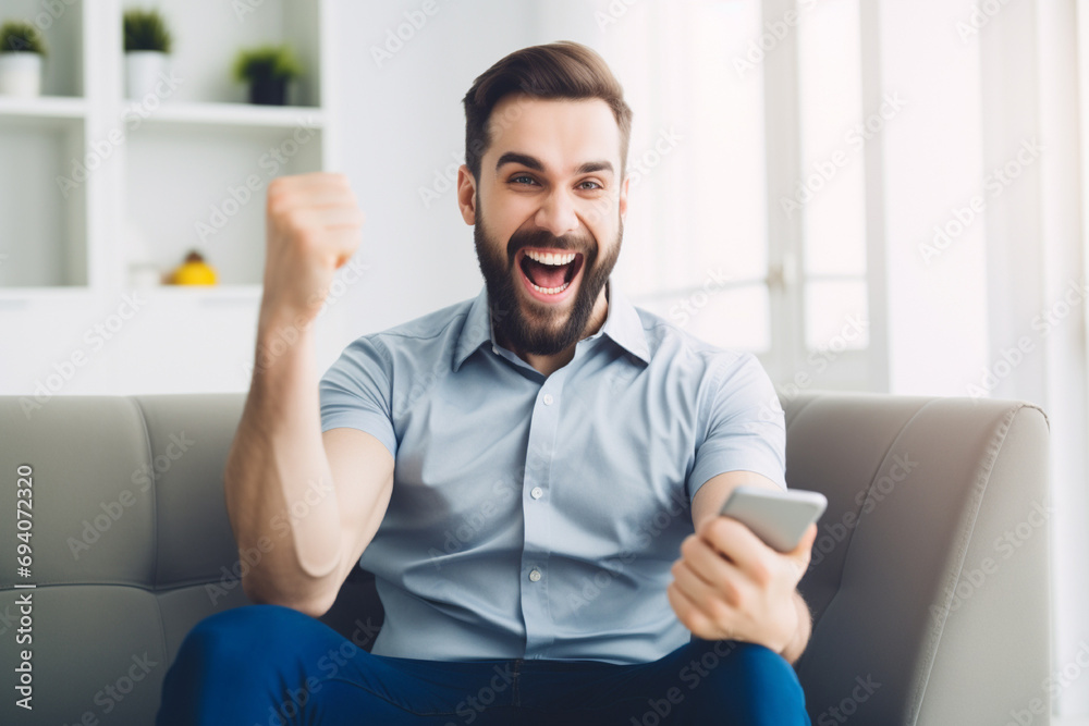 Excited happy young man holding smart phone device sitting on sofa at home Excited happy young man holding smart phone device sitting on sofa at home