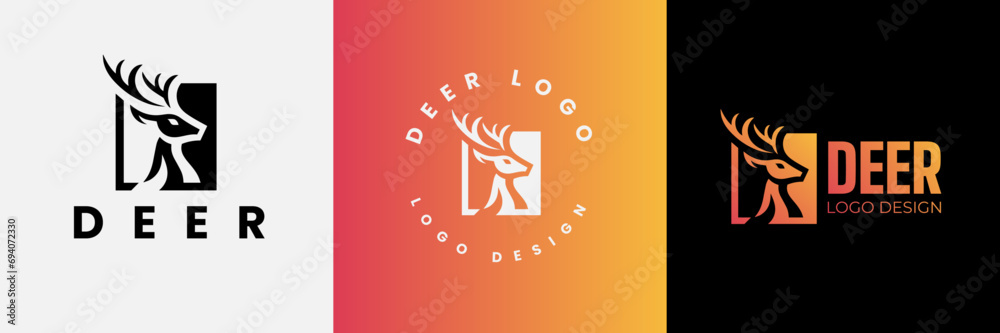 Deer logo design, Deer head inside squarelogo design template, Deer head logo icon,Deer hunter with square logo design, Wild animal vector, Head deer illustration Deer logo design, Deer head inside squarelogo design template, Deer head logo icon,Deer hunter with square logo design, Wild animal vector, Head deer illustration