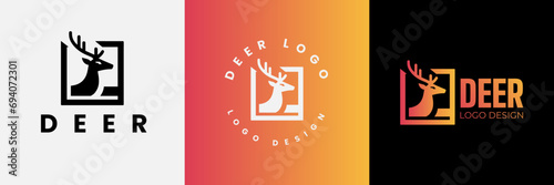 Deer logo design, Deer head inside squarelogo design template, Deer head logo icon,Deer hunter with square logo design, Wild animal vector, Head deer illustration