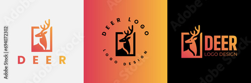 Deer logo design, Deer head inside squarelogo design template, Deer head logo icon,Deer hunter with square logo design, Wild animal vector, Head deer illustration