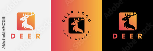 Deer logo design, Deer head inside squarelogo design template, Deer head logo icon,Deer hunter with square logo design, Wild animal vector, Head deer illustration