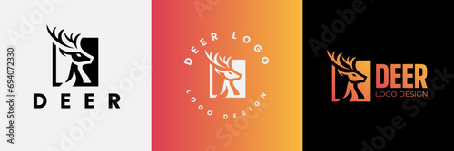 Deer logo design, Deer head inside squarelogo design template, Deer head logo icon,Deer hunter with square logo design, Wild animal vector, Head deer illustration