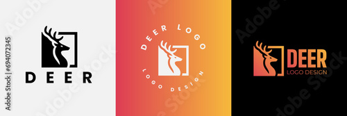 Deer logo design, Deer head inside squarelogo design template, Deer head logo icon,Deer hunter with square logo design, Wild animal vector, Head deer illustration photo