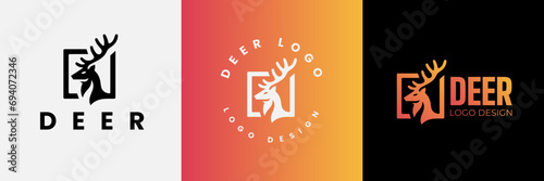Deer logo design, Deer head inside squarelogo design template, Deer head logo icon,Deer hunter with square logo design, Wild animal vector, Head deer illustration